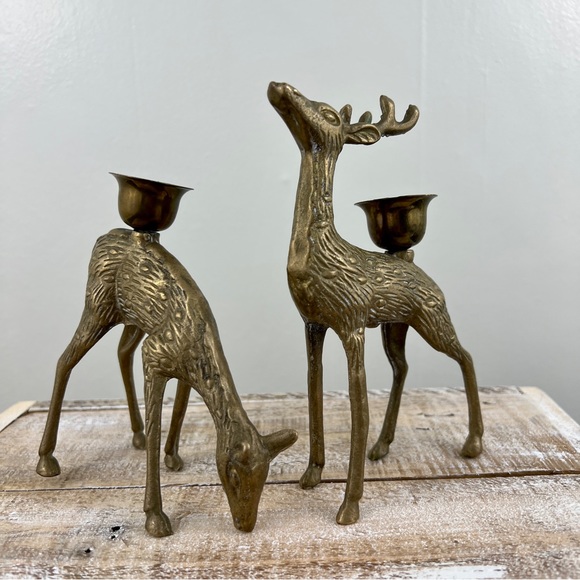 Vintage Accents Vintage Pair Brass Deer Candle Holders Cottage Mid